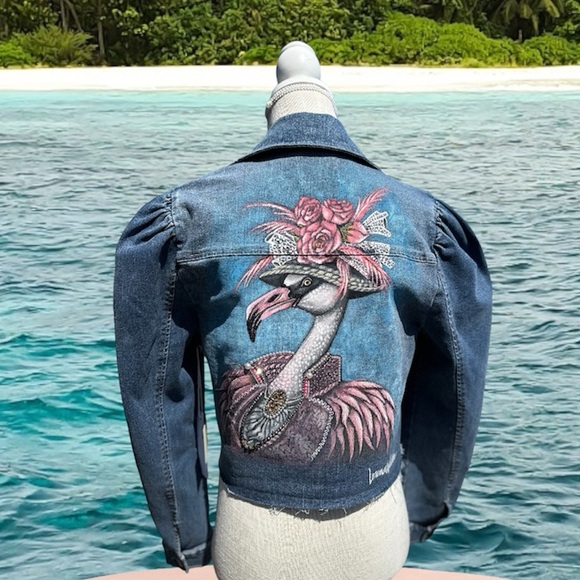Victorian flamingo handpainted rhinestones cropped denim TGLA Jean jacket sz LG - Picture 5 of 16